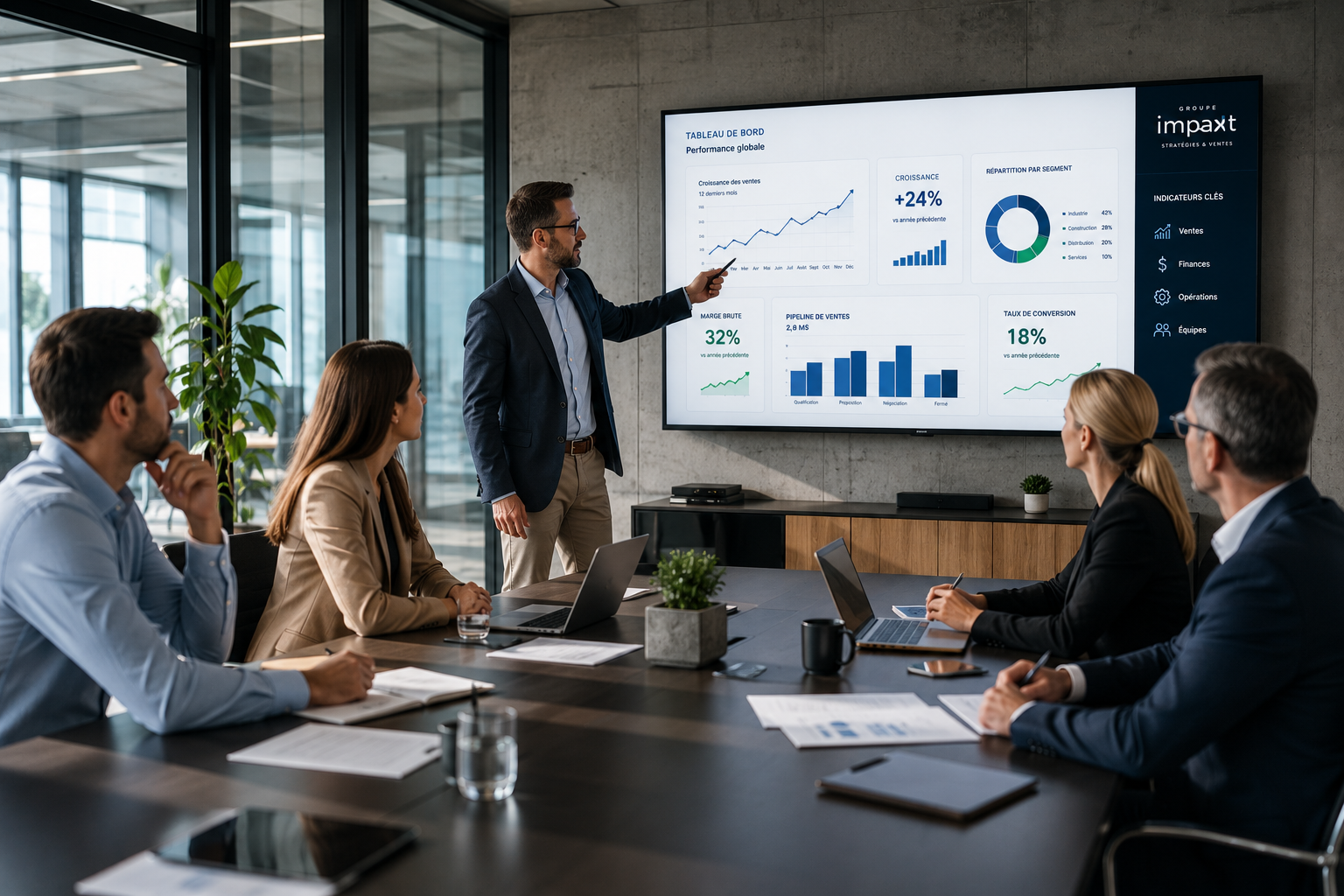 Présentation d'un tableau de bord de performance commerciale lors d'une réunion stratégique avec des dirigeants